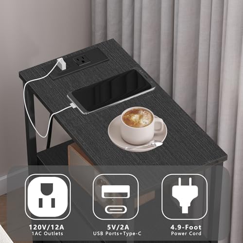 TUTOTAK Narrow End Table, Skinny Side Table with Charging Station