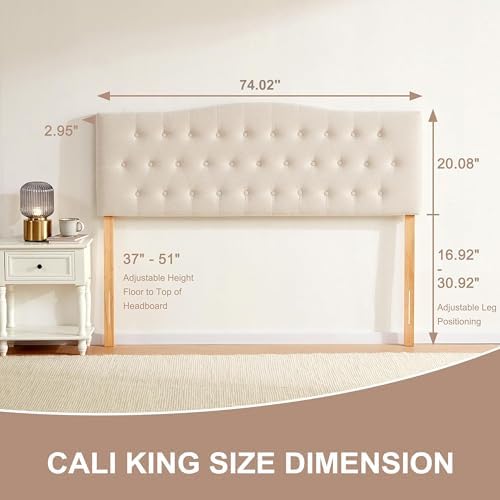 Tufted Headboard California King Size, Sturdy Solid Wood Head Board, Beige
