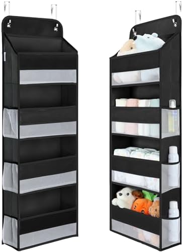 Yecaye 1 Pack Over the Door Organizer, 35.2lbs Load Toy Stuffed Animal Storage, Large Capacity Swing-proof Hanging Bathroom Organizers and Storage for Nursery Newborn Baby Essential Stuff Black