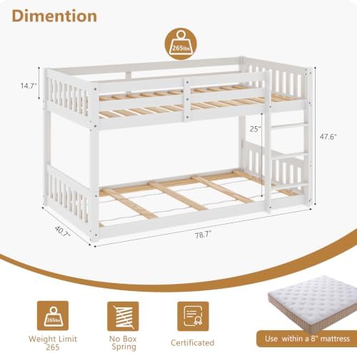 JOYMOR Solid Wood Low Twin Over Twin Bunk Bed for Kids/Junior, Bunk Bed Frame with Guardrails & Ladder for Boys Girls, No Box Spring Needed (White)