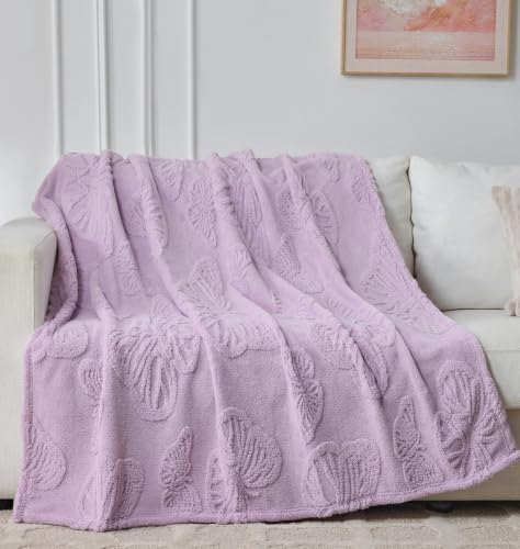 Lavender Butterfly Plush Throw Blanket 50 x 60 Inch, Soft Fuzzy Fleece, Cozy Decorative Blanket for Couch, Sofa, Bed and Bedroom