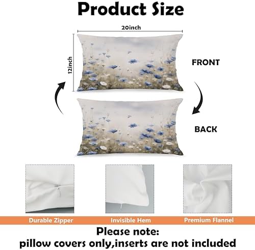 Vintage Blue White Floral Pillow Cover 12x20, Cottagecore Botanical Wildflower Field Landscape Decorative Lumbar Pillow Cover for Couch Bed Living Room Bedroom