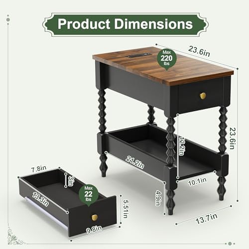 YOSHOOT Farmhouse End Table with Charging Station, Narrow Side Table