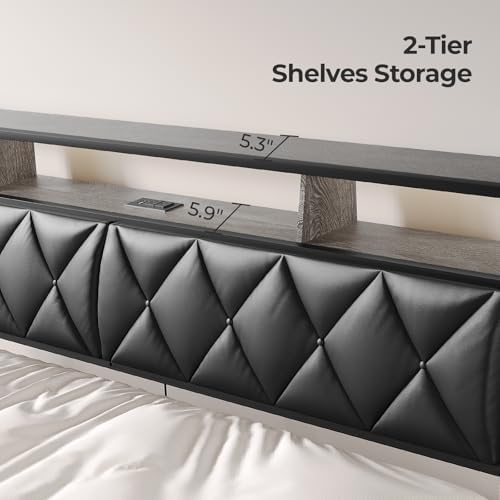 Headboard King Size with Storage, Charging Station & Lights, Black
