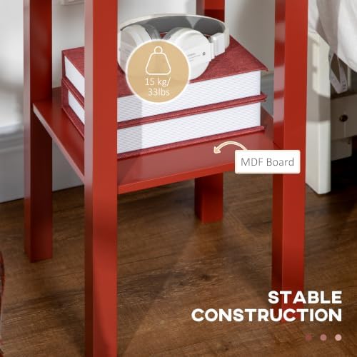 HOMCOM Narrow End Table with Drawer and Bottom Shelf Set of 1 Red