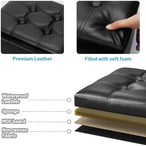 Bsketa Storage Ottoman Bench, 16" Folding Leather Foot Rest, Black 2 Pack