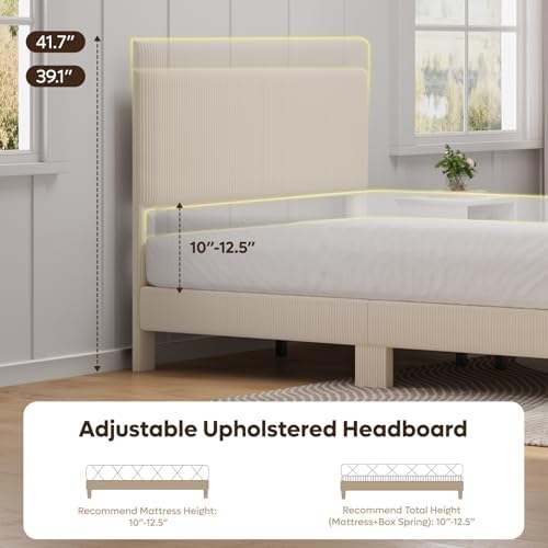 Bestier Full Size Bed Frame with Headboard,LED Light,Upholstered,Beige