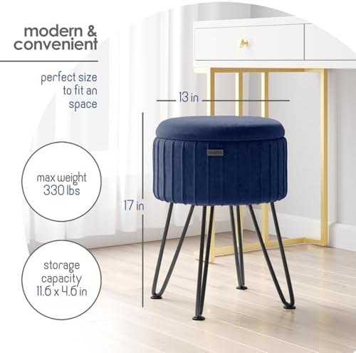 Round Ottoman with Storage, Pleated Velvet Storage Ottoman, Foot Stool Ottomans, Makeup Vanity Stool, Small Ottomans Foot Rest, Modern Vanity Stools for Living Room and Bedroom, Blue