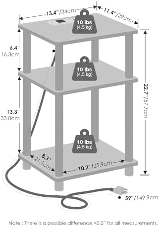 Furinno Just 3-Tier Night Stand with Charging Station, Black Espresso