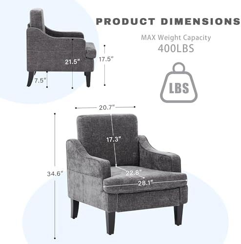 Set of 2 Accent Chair for Living Room,Mid-Century Arm Chair Fabric Living Room Chairs,Upholstered Reading Chair for Bedroom,Single Sofa Chair with Wood Legs for Apartment (Dark Grey)