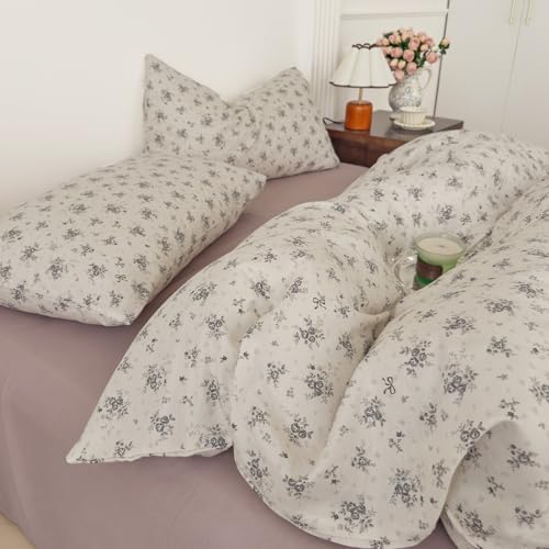 Muslin Cotton Duvet Cover Set King Floral Prints, Off-White