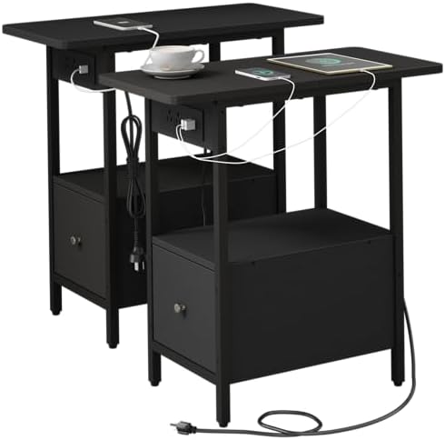 LIDYUK End Table with Charging Station, Narrow Side Table with Drawer
