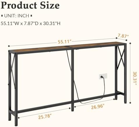 Gewudraw Narrow Console Table - 55.1" Sofa Table Behind Couch with Socket