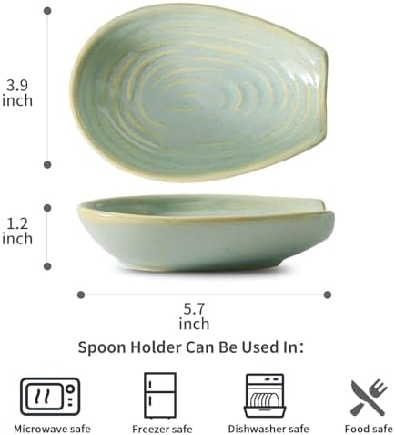 HASENSE Ceramic Spoon Rest for Stove Top, Heat-Resistant Spoon Holder for Kitchen Counter, Sage Green Swirl Utensil Rest for Spatula, Ladle, Whisk & Cutlery, Dishwasher & Microwave Safe