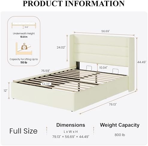 SHA CERLIN Full Size Chenille Lift Up Hydraulic Storage Bed Frame Cream