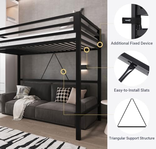 Allewie Metal Loft Bed Twin Size with Guardrail and Ladder,Black