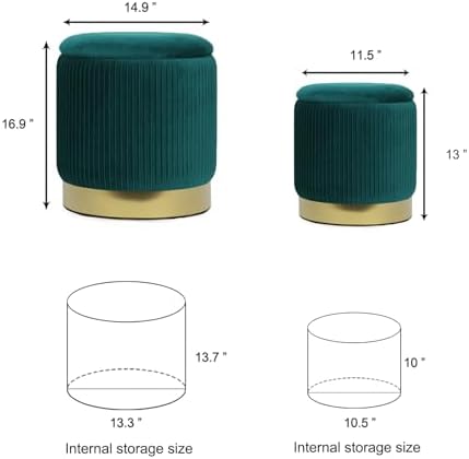 YYW HOME Round Ottoman with Storage, Green Velvet, Set of 2
