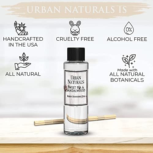 Urban Naturals Reed Diffuser Oil Refill, Sweet Pea & Sandalwood Diffuser Oils with Jasmine, Berries, Sweet Pea, 4 oz + Free Reed Sticks, Made in the USA