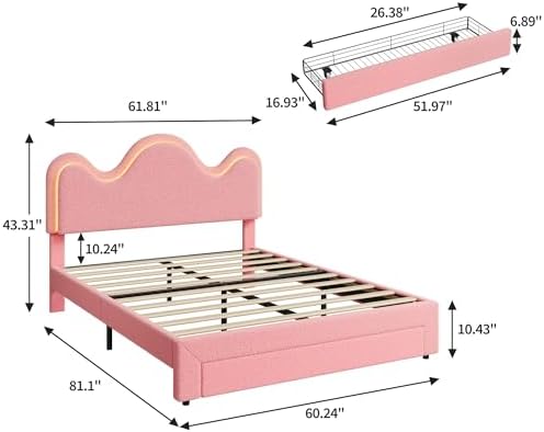 IDEALHOUSE Queen Bed Frame with LED Headboard and Under-Bed Drawer, Metal