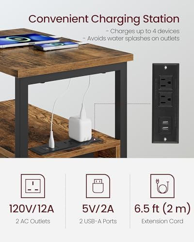VASAGLE Side End Table with Charging Station, Slim Nightstand with Storage