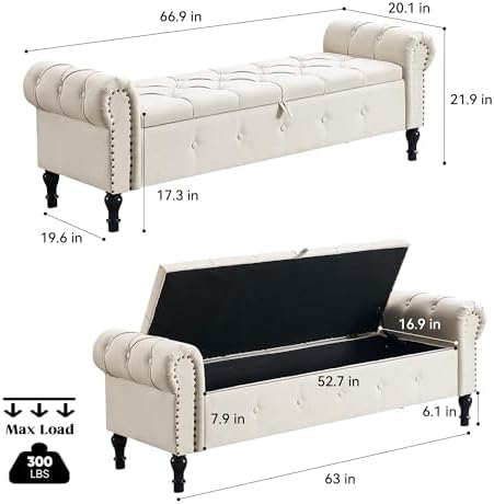 Storage Bench 67" Linen End of Bed Benches Beige