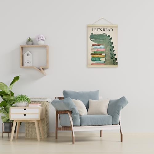 Cute Crocodile Animal Reading Poster Hanger Frame, Let's Read Poster Frames Artwork Canvas Wall Art Prints, Educational Wall Decor Art Prints Hanging For Kids Room Nursery Classroom 12x16 Inch - 09