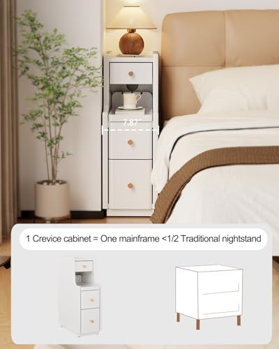 Solid Wood Narrow Nightstand with 3 Drawers,Modern White,Fully Assembled