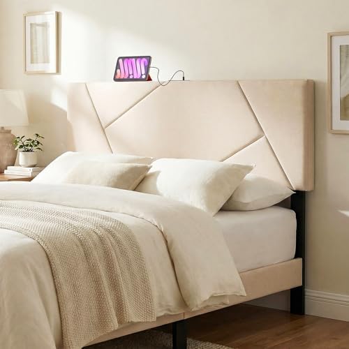 Giantex Headboard with Charging Station, Queen/Full Size Geometric Tufted Upholstered Head Board w/2 AC Outlets, USB & Type-C Port, Rubber Wood Legs, Width Adjustable Modern Bed Headboard Only (Beige)