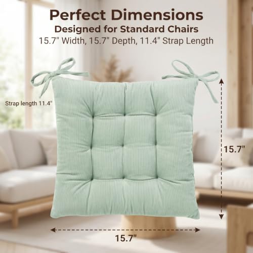 HLOVME Corduroy Chair Cushion with Ties Ultra Soft Warm Floor Cushion for Kids Reading Nook Comfortable Square Seat Cushion for Adult 15.7”x15.7” Set of 2, Green