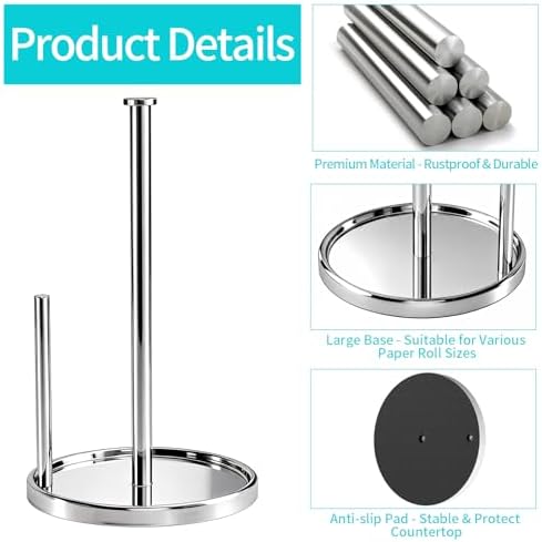 Paper Towel Holder Countertop, Standing Paper Roll Holder with Anti Slip Weighted Base, Stainless Steel Freestanding Paper Towel Holder for Kitchen, Chrome