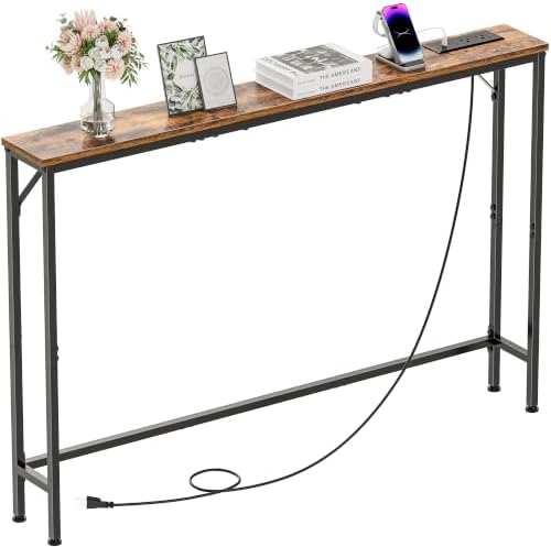 47.2" Console Table with Power Outlets, Narrow Entryway Table with Charging Station, Skinny Sofa Table for Entryway, Living Room, Foyer, Corridor, Office, Rustic Brown