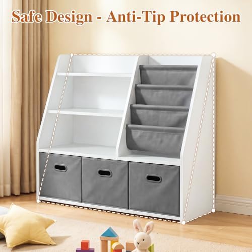 Montessori Bookshelf Toy Storage Organizer for Kids & Toddlers – Front-Facing Display with Removable Fabric Bins, Keeps Playroom Tidy, Perfect for Preschoolers, Space-Saving 32"W x 16"D x 32"H