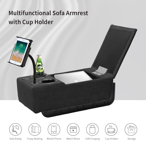 Removable Sofa Armrest, Dual Cup Holders Large Size Multifunctional Couch Caddy Storage Arm Rest with Power Wireless Charging Stand & LED Reading Light for Sofa Middle Seat Parts