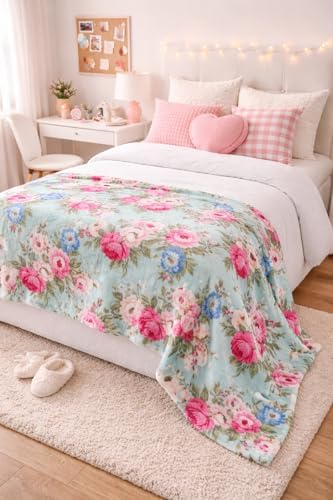 Soft Fleece Throw Blanket, Elegant Floral Roses Pink Blue Aqua, 50x70