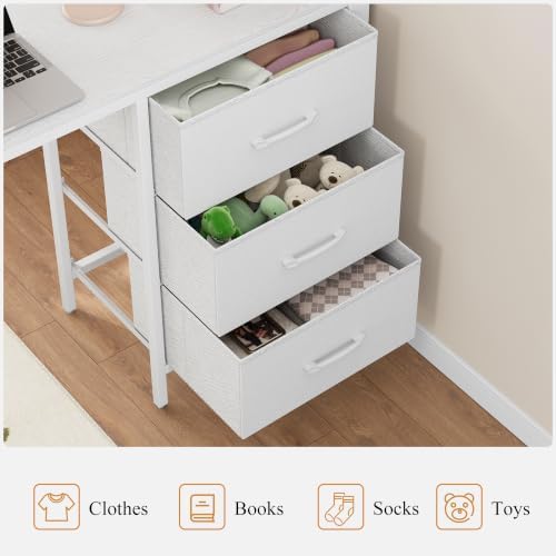 Bunk Bed Twin Over Twin with Desk, L-Shaped Loft Beds with Charging Station, 3 Storage Drawers & Shelves, Bunk Beds with Safety Guardrail & Ladder for Kids/Teens, No Box Spring Needed, White