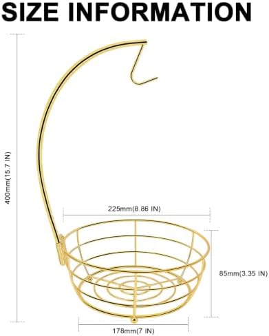 Livabber Countertop Fruit Basket Bowl with Banana Hanger, Modern Standing Fruit Vegetable Bowl Storage, with Banana Tree Holder for Kitchen Dinning Table (Round Metal, Gold)