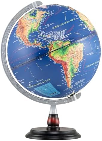 12" Illuminated World Globe, Desktop Globe with Raised Relief, LED Lights, Time Zone & Non-Slip Wooden Base, Geographic Terrain Globes for Decoration & Living Room (Navy)