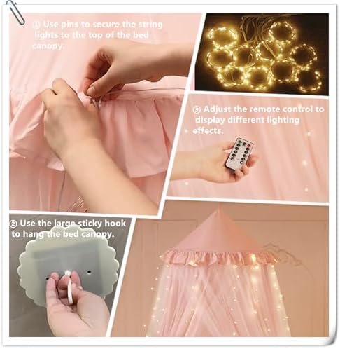 Princess Bed Canopy for Girls, Double Layer Canopy Fits Twin/Full Bed - Fairy Bed Tent for Kids Room Decor(with 250pcs Warm White Curtain Lights,Pink)