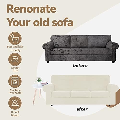 WEERRW 4 Pieces Couch Cover for Sofa Velvet Sofa Covers Washable, Ivory