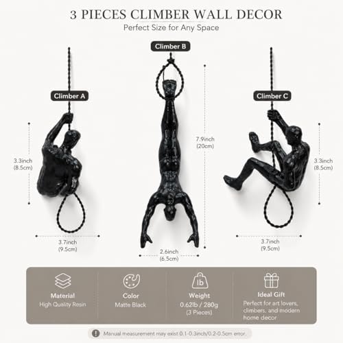ClookRack Modern Climbing Wall Decor Set of 3, Black Resin Sculptures