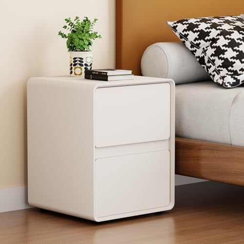 15.8" W Faux Leather Narrow Nightstand, Fully-Assembled Bedside Table with 2 Drawers, Wood Night Stand Small Accent End Table & Side Table for Bedroom, Cream White