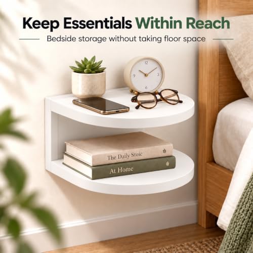 Bamboo Floating Wall Mounted Nightstand Wall Storage Shelf (2, White)