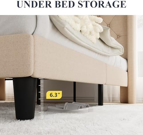 Allewie Queen Size Bed Frame with Button Tufted Wingback Headboard, Beige