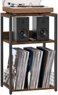 LELELINKY Large Brown Record Player Stand, 3 Tier 18" Wide Big End Table with Vinyl Storage Up to 130 Albums, Industrial Turntable Printer Tables, Modern Side Tables for Living Room, Bedroom, Office