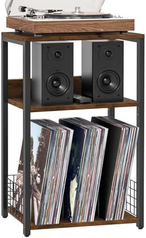 LELELINKY Large Brown Record Player Stand, 3 Tier 18" Wide Big End Table with Vinyl Storage Up to 130 Albums, Industrial Turntable Printer Tables, Modern Side Tables for Living Room, Bedroom, Office