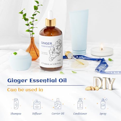 HIQILI Ginger Essential Oil 3.38 Fl Oz, for Massage, Diffuser, Large Bottle with Dropper & Gift Box -100ml
