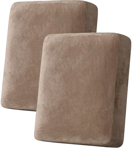 H.VERSAILTEX Velvet Stretch Couch Cushion Cover Plush Cushion Slipcover for Chair Loveseat Sofa Cushion Furniture Protector Seat Cushion Sofa Cover (2 Piece Medium Sofa Cushion Covers, Camel)