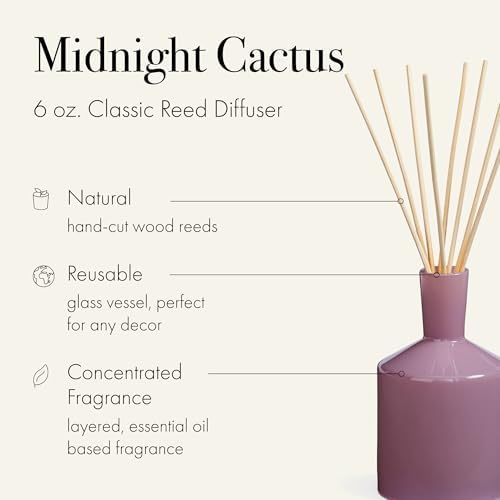 LAFCO New York Classic Reed Diffuser, Midnight Cactus - 6 oz - Up to 3 Months Fragrance Life - Reusable Glass Vessel - Natural Wood Reeds - Made in the USA