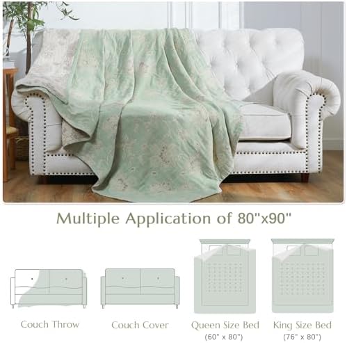 jinchan 100% Cotton Muslin Blanket Queen Boho Bed Blanket 80x90 Green/Beige