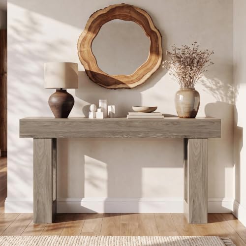 LITTLE TREE 63 Inches Long Sofa Table, Modern Console Table for Entryway, Wooden Sofa Table for Living Room, Behind Couch Table, Rectangle Hallway Foyer Table for Entrance, Grey
